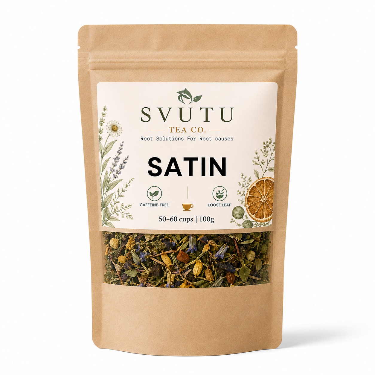 SVUTU SATIN loose-leaf herbal tea pouch, caffeine-free, 50 to 60 cups